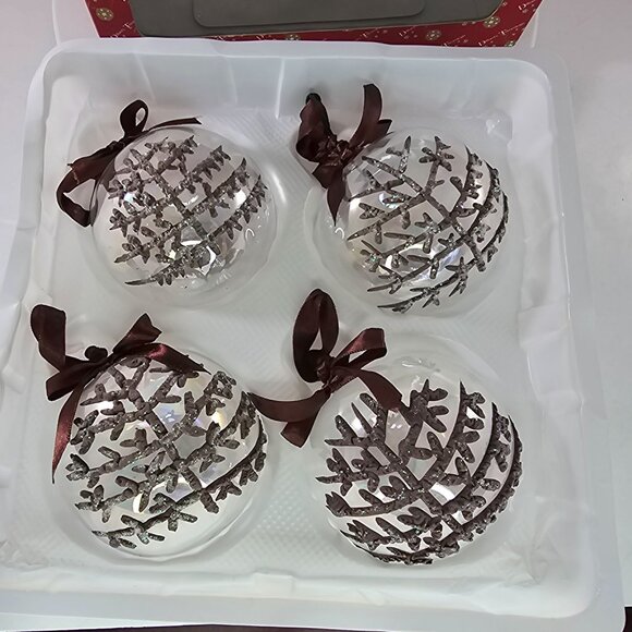 Set Of 4 Dillards Trimmings Glass Christmas Ornaments Glitter Tree Brown Ribbon - Picture 5 of 8